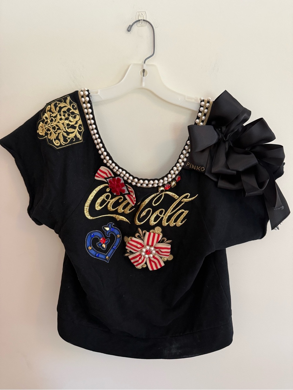 Pinko Coca-Cola Collab Black Short-Sleeve Tee with Pearl Trim and Satin Bow